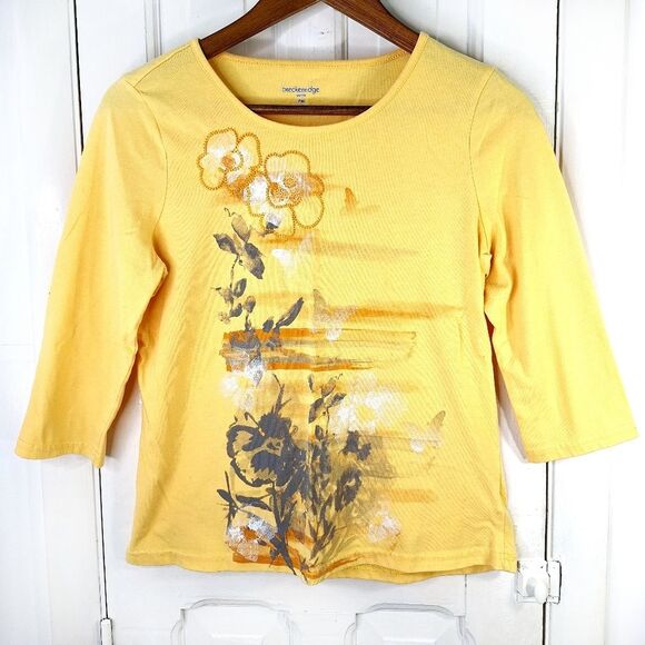 Breckenridge Yellow Floral Butterfly Sequin Shirt Top 3/4 inch Sleeves Sz PM - Picture 2 of 12
